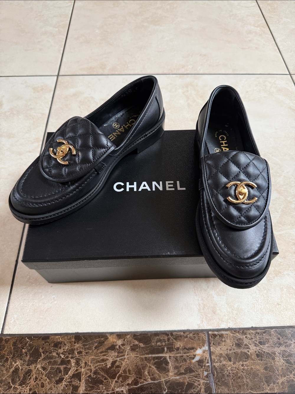 CHANEL Black Quilted Leather Loafers with Gold CC Hardware